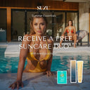 Woman in yellow bikini by a pool with SUZU Swimwear branding and suncare product display.